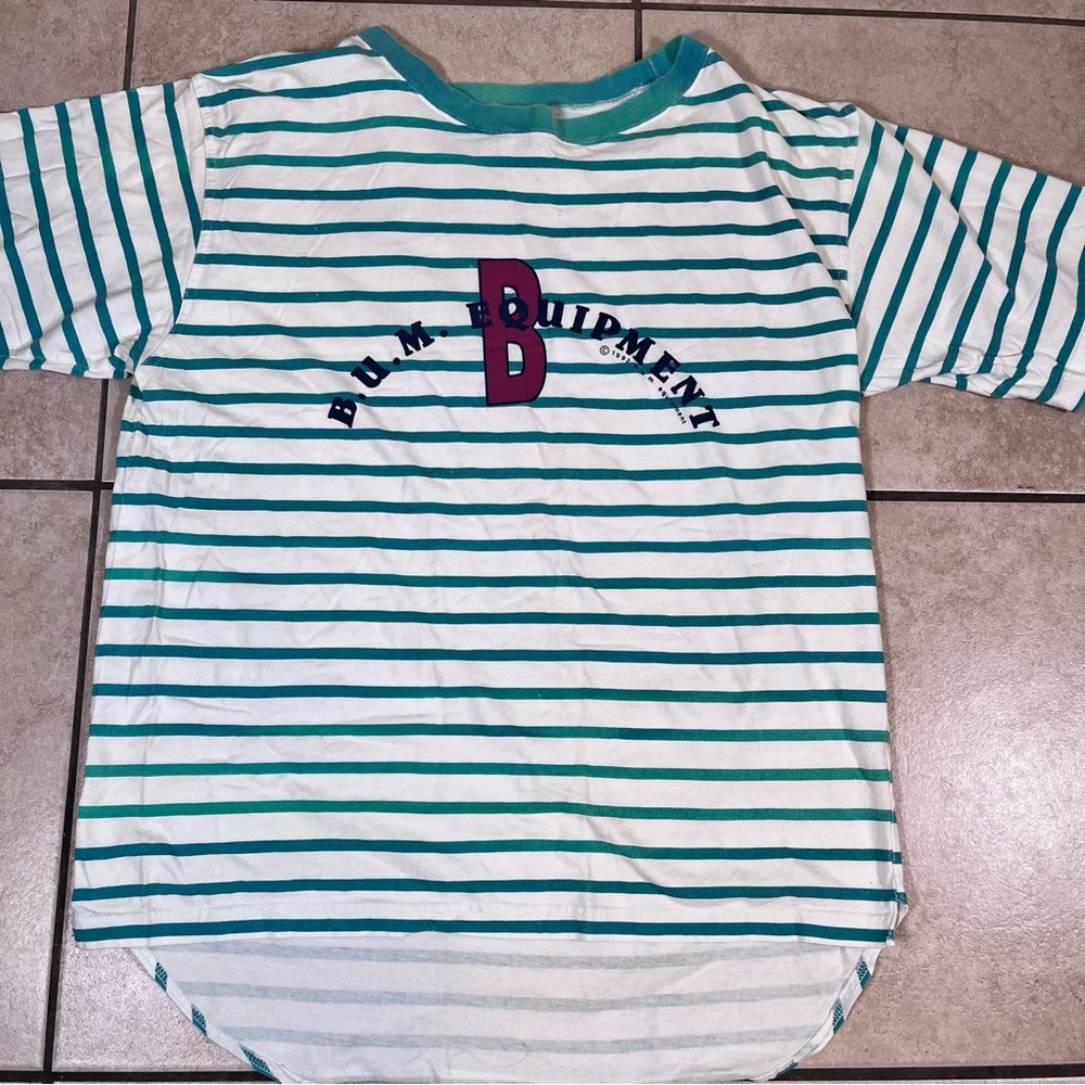 Vintage B.U.M. Equipment‎ T Shirt Adult L Striped VTG 90s Short Sleeve retro